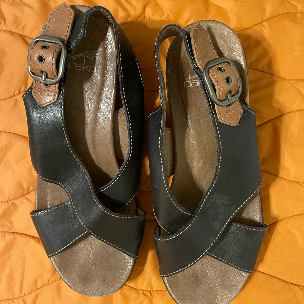 DANSKO Jacinda Black Leather Criss Cross Slingback Wedge Sandals - Size 6 / 36.5